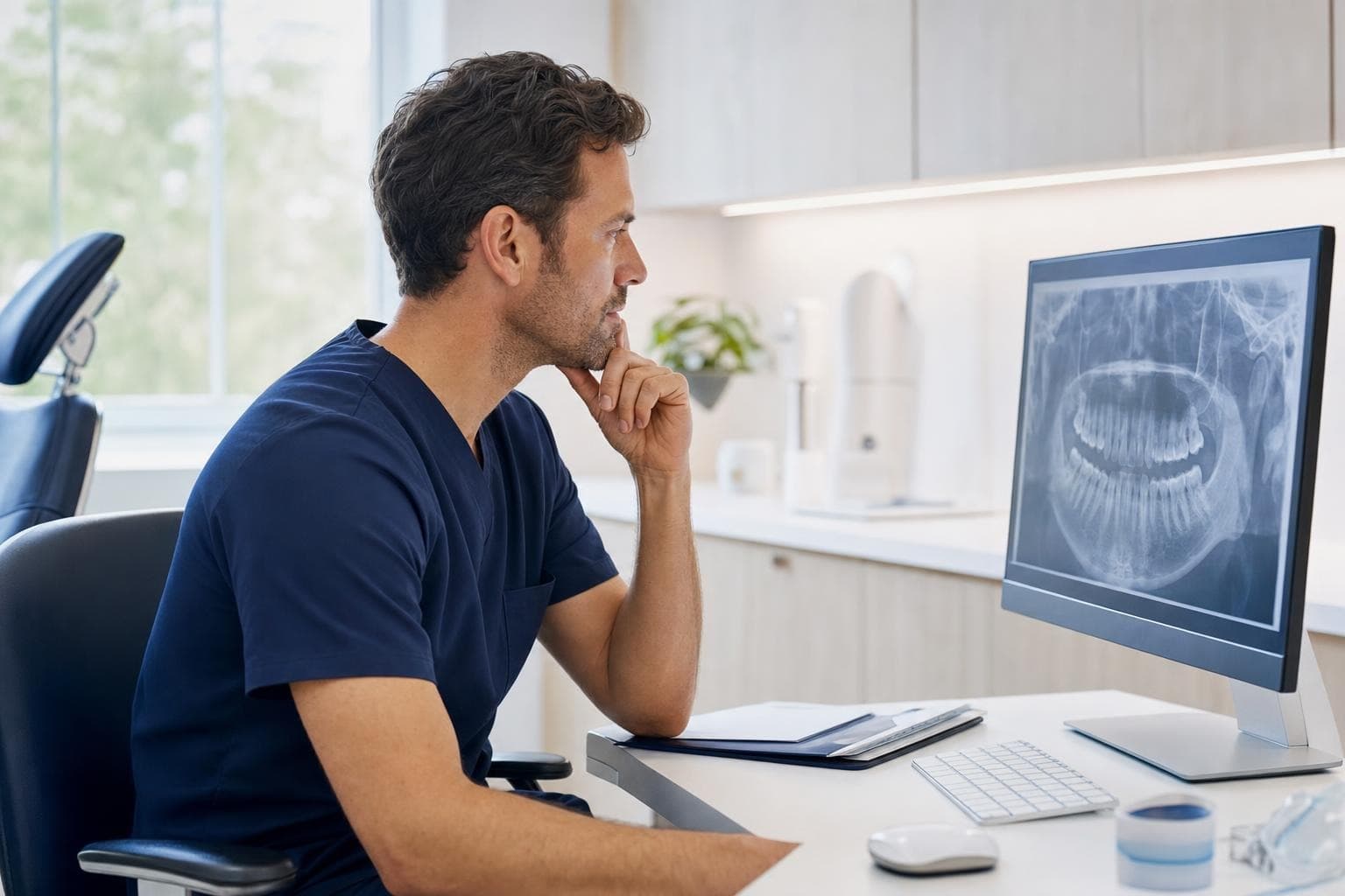 Dentist reviewing a dental radiograph in a bright practice